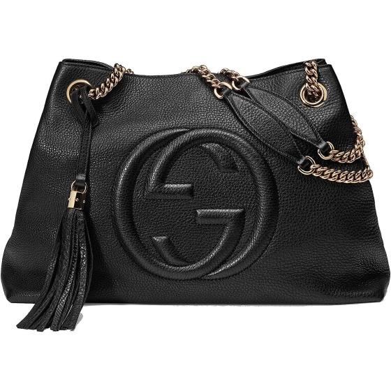 Gucci Soho Medium Black Double Leather Chain Shoulder Bag Tote Black Gold New