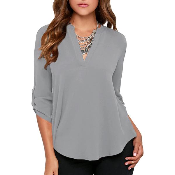 roswear Women's Business Casual V Neck Cuffed Sleeves Work Blouse Top