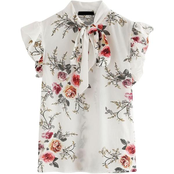 Romwe Women's Casual Short Sleeve Ruffle Trim Bow Tie Blouse Top Shirts
