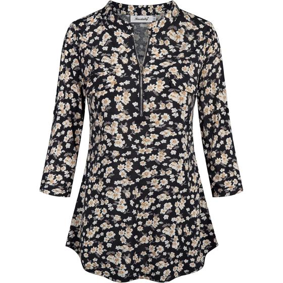 Ninedaily Women's 3/4 Sleeve Plaid Shirts Zip Floral Casual Tunic Blouse Tops