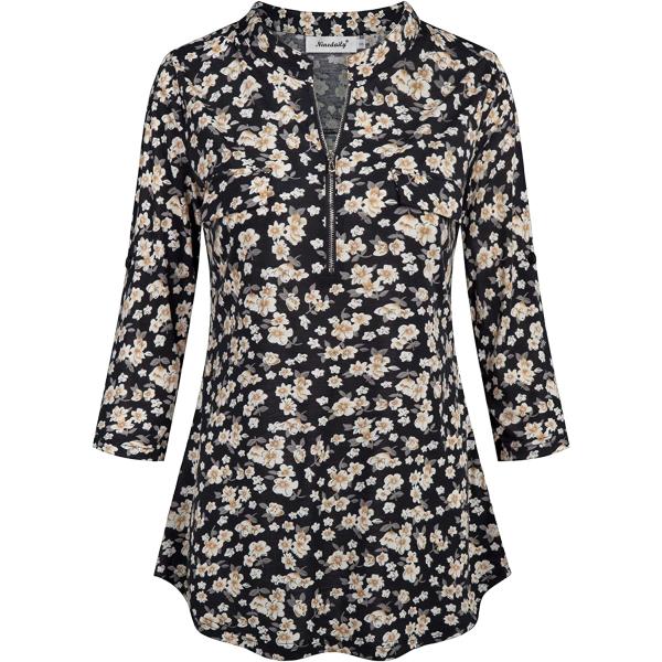 Ninedaily Women's 3/4 Sleeve Plaid Shirts Zip Floral Casual Tunic Blouse Tops