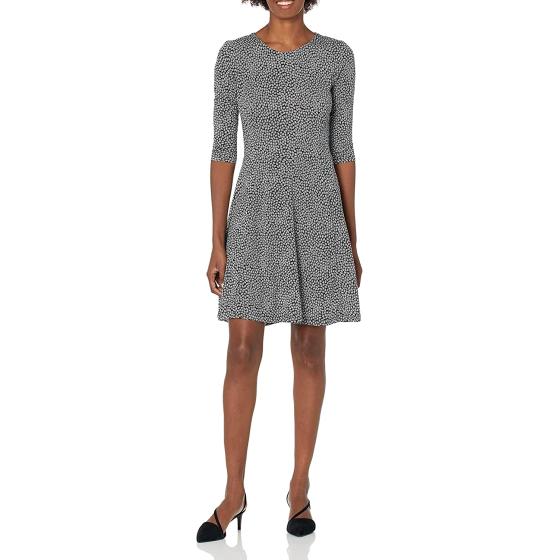 Lark & Ro Women's Three Quarter Sleeve Knit Fit and Flare Dress