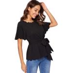 Romwe Women's Bow Self Tie Scalloped Cut Out Short Sleeve Elegant Office Work Tunic Blouse Top