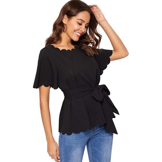 Romwe Women's Bow Self Tie Scalloped Cut Out Short Sleeve Elegant Office Work Tunic Blouse Top