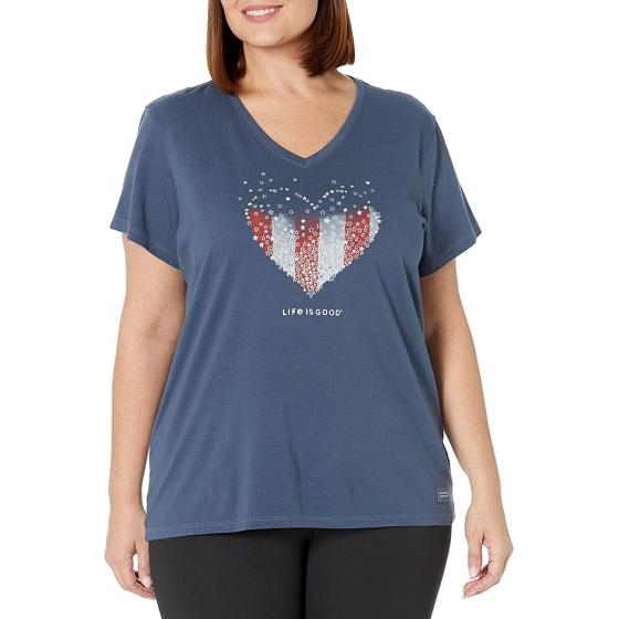 Life is Good Women's Patriotic Cotton Tee Short Sleeve Graphic V-Neck T-Shirt Heart Stars and Stripes