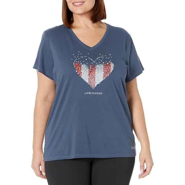 Life is Good Women's Patriotic Cotton Tee Short Sleeve Graphic V-Neck T-Shirt Heart Stars and Stripes
