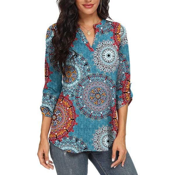 NILOUFO Womens Casual Summer Shirts Notch V Neck Blouses 3/4 Roll Sleeve Tops Tunics