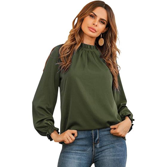 LYANER Women's Frill Mock Neck Flounce Long Sleeve Solid Blouse Office Shirt Top