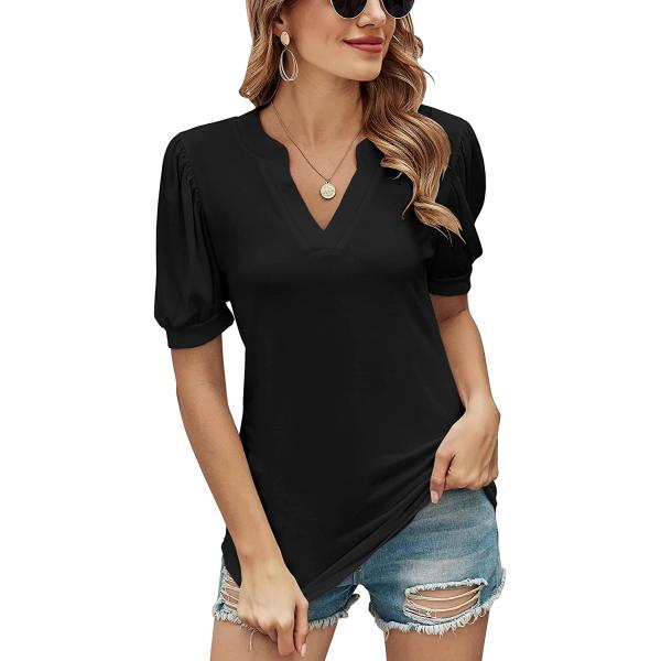 Romanstii Women Casual V-neck T-Shirts Loose Puff Short Sleeve Tops Tunic Blouses