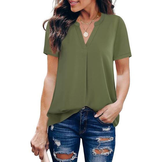 Timeson Women's V Neck Short Sleeve Curved Hem Sheer Chiffon Blouse Shirts Tops