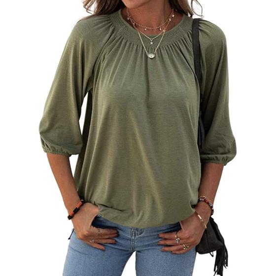 Grlasen Women's Solid Crew Neck T Shirt Blouse Cotton Half Sleeve 3/4 Sleeve Casual Loose Pleated Basic Tops