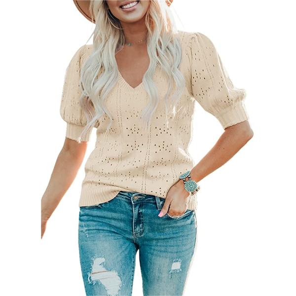 Foshow Womens Puff Short Sleeve Sweaters Tops Spring Soft Crew Neck Dot Pullover Shirt Lightweight Knit Sweater Blouse
