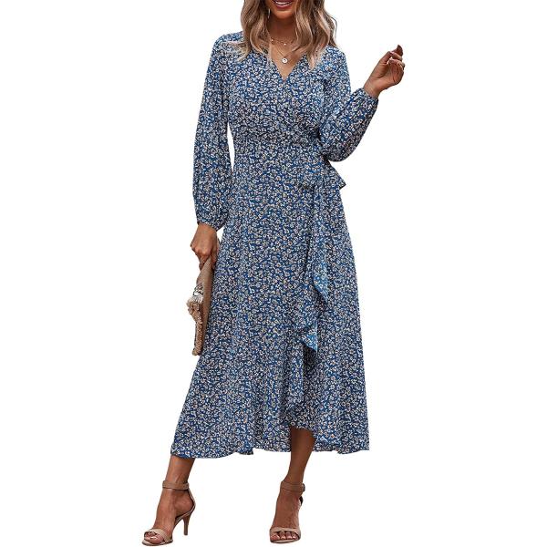 PRETTYGARDEN Women's Long Sleeve Vintage Wrap Dress Floral Print V-Neck Maxi Dresses with Belt