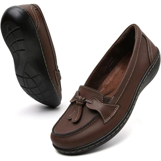 Maichal Loafers for Women Slip On Leather Comfort Rubber Sole Flats Shoes