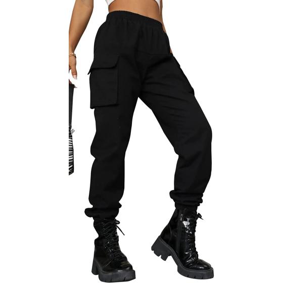 VANGULL Women's High Waisted Jogger Pants Casual Flap Pocket Solid Outdoor Cargo Pants Black