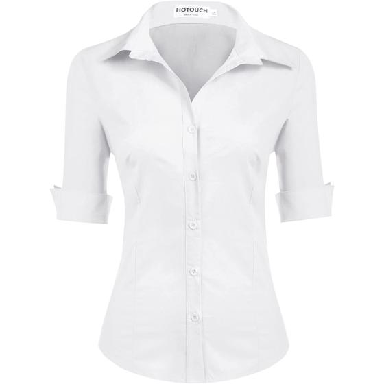 Hotouch Womens 3/4 Sleeve Basic Button Down Shirt Slim Fit Cotton Dress Shirts