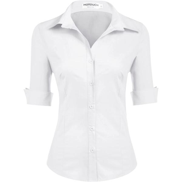 Hotouch Womens 3/4 Sleeve Basic Button Down Shirt Slim Fit Cotton Dress Shirts