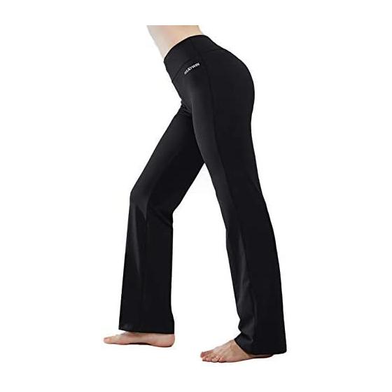 HISKYWIN Inner Pocket Yoga Pants 4 Way Stretch Tummy Control Workout Running Pants, Long Bootleg Flare Pants