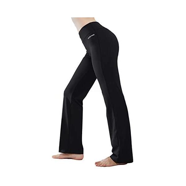 HISKYWIN Inner Pocket Yoga Pants 4 Way Stretch Tummy Control Workout Running Pants, Long Bootleg Flare Pants