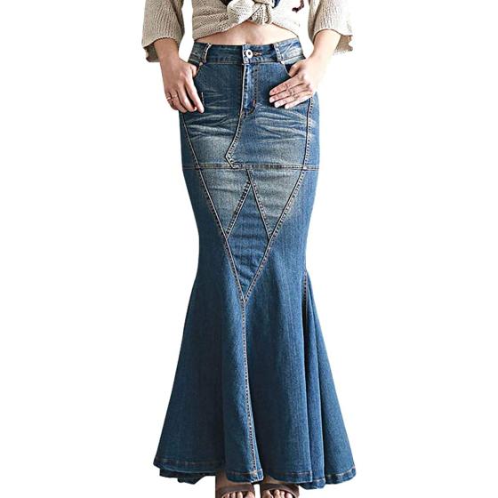 LISUEYNE Women's Casual Stretch Waist Washed Denim Ruffle Fishtail Skirts Long Jean Skirt