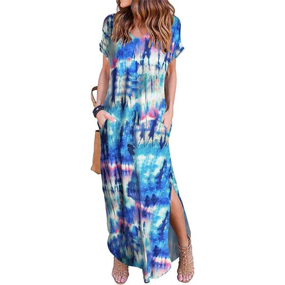 Arolina Women's Summer Maxi Dress Short Sleeve V Neck Casual Loose Long Beach Split Dresses with Pockets