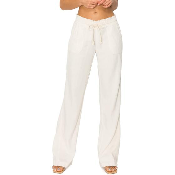 Cali1850 Women's Casual Linen Pants - 32" Inseam Oceanside Drawstring Smocked Waist Lounge Beach Trousers with Pockets