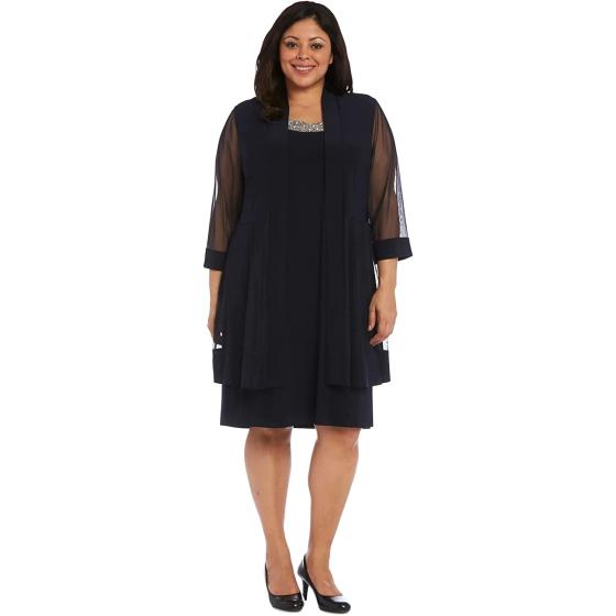 R&M Richards Women's One Size 2 Piece Mesh Panel Beaded Neck Jacket Dress