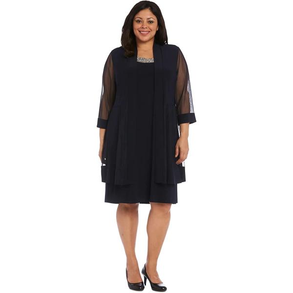 R&M Richards Women's One Size 2 Piece Mesh Panel Beaded Neck Jacket Dress