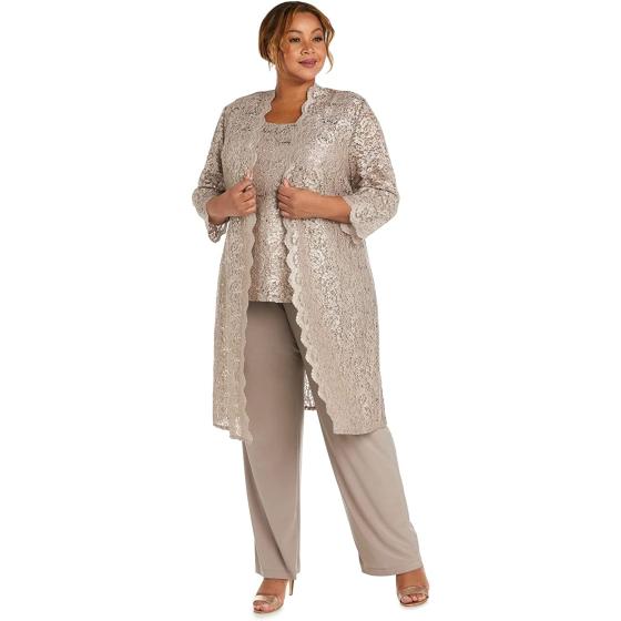 R&M Richards Women's Tank Top and Pant Set with Sheer Lace Jacket