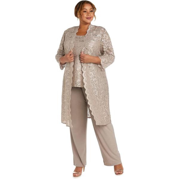 R&M Richards Women's Tank Top and Pant Set with Sheer Lace Jacket