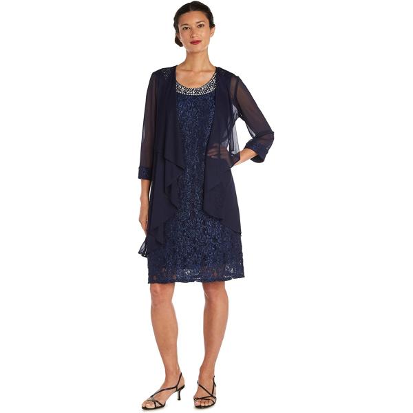 R&M Richards Women's Two Piece Fly Away Jacket Over Beaded Neck Laced Dress