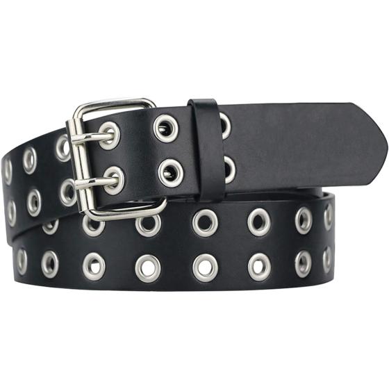 maikun Grommet Leather Belts for Women, Cute Black Belt, Studded Belt Punk Accessories