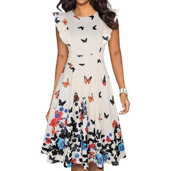 IHOT Women's Vintage Ruffle Floral Flared A Line Swing Casual Cocktail Party Dresses with Pockets