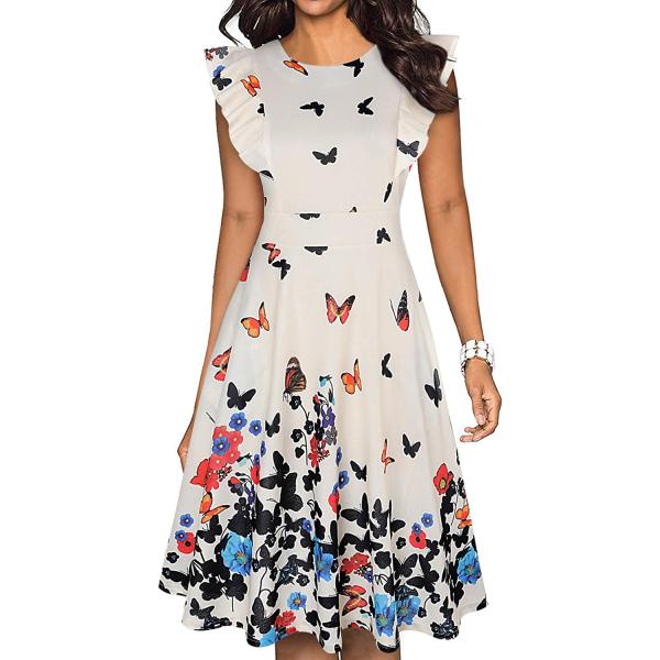 IHOT Women's Vintage Ruffle Floral Flared A Line Swing Casual Cocktail Party Dresses with Pockets
