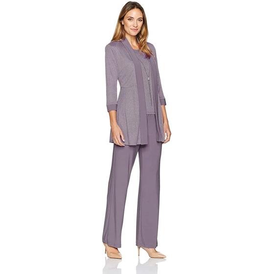 R&M Richards Women's Two Piece Metalic Rib Pant Set Missy