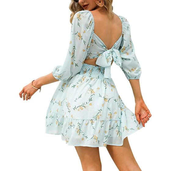 EXLURA Women's Lantern Sleeve Tie Back Casual Dresses Ruffled Off Shoulder A-Line Vintage Mini Dress