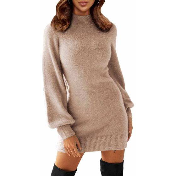 EXLURA Women's Mock Neck Ribbed Long Sleeve Bodycon Pullover Cute Mini Sweater Dress