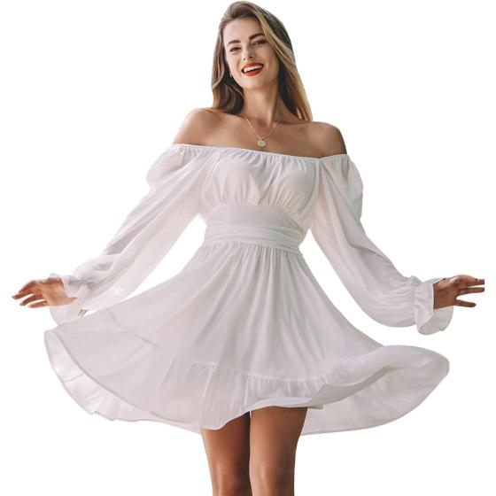 EXLURA Women Tie Back Wedding Guest Dresses Long Lantern Sleeve Square Neck Ruffle Elastic Waist Aline Casual Mini Dress