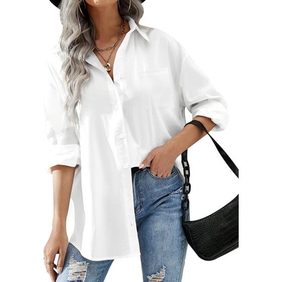 Hotouch Women Button Down Shirts Office Drop Shoulder Oversized Blouse Long Sleeve Boyfriend Dress Shirt with Pockets
