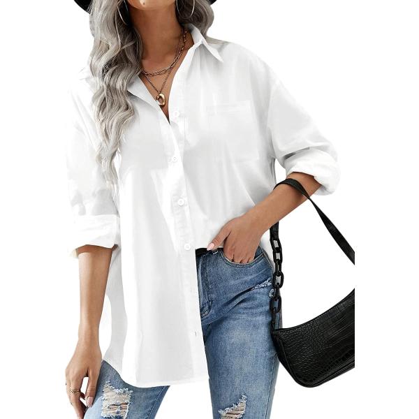 Hotouch Women Button Down Shirts Office Drop Shoulder Oversized Blouse Long Sleeve Boyfriend Dress Shirt with Pockets