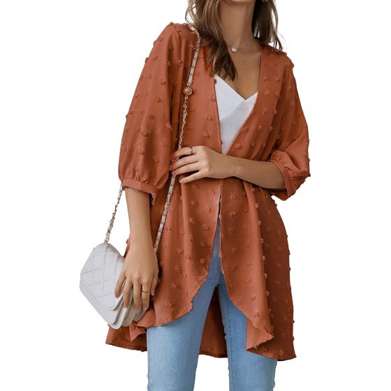 Hotouch Womens Cardigan Summer Chiffon Swimsuit Coverup Kimono Open Front 3/4 Sleeve Lightweight Beach Cover Up Tops