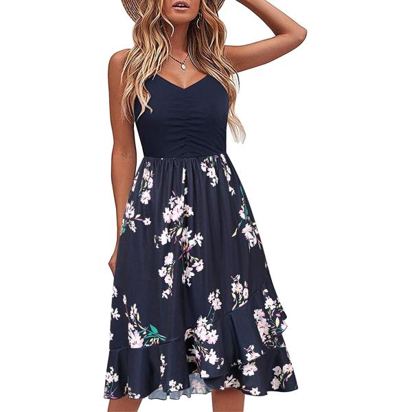 IHOT Casual Dresses for Women Sleeveless V Neck Floral Summer Beach Dress A Line Spaghetti Strap Sundresses with Pockets