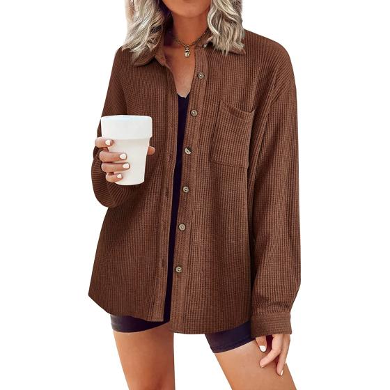 Hotouch Waffle Button Down Shirt Women Casual Knit Tops Long Sleeve Loose Fit Shacket with Pocket