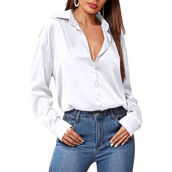 Hotouch Satin Silk Women Button Down Shirt Long Sleeve V Neck Casual Loose Work Office Blouse Tunic Tops