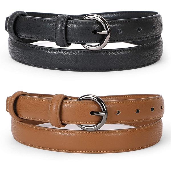 WERFORU 2 Pack Women Leather Belt Waist Skinny Dress Belts Solid Pin Buckle Belt for Jeans Pants