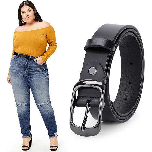 WERFORU Women Black Leather Belt Plus Size Polished Buckle for Jeans Pants