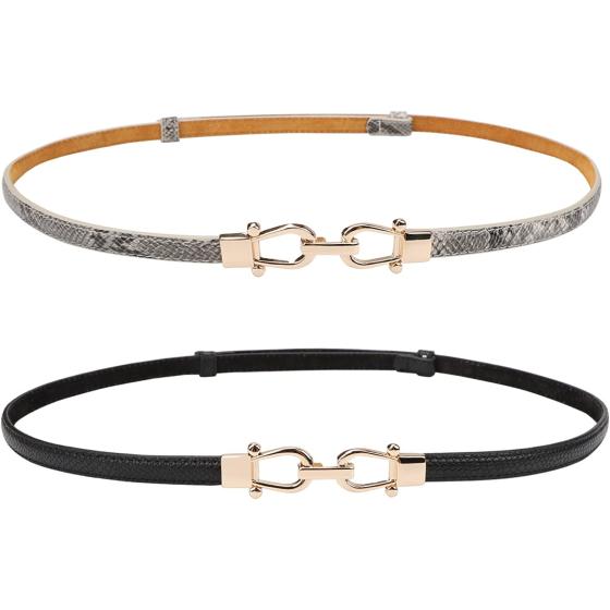 JASGOOD Leather Skinny Women Belt Thin Waist Belts for Dresses up to 37 Inches with Golden Buckle 2 Pack