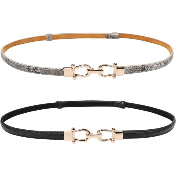 JASGOOD Leather Skinny Women Belt Thin Waist Belts for Dresses up to 37 Inches with Golden Buckle 2 Pack