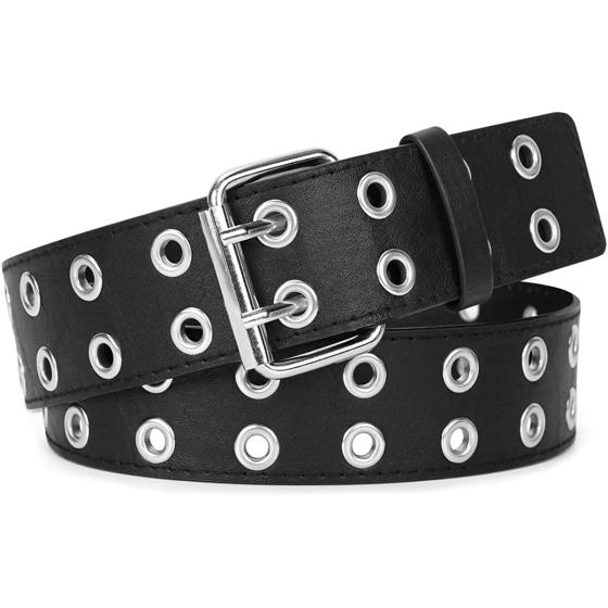 WERFORU Double Grommet Belt PU Leather Punk Belt for Women Men Jeans 2 Hole Belts 1.5 Wide