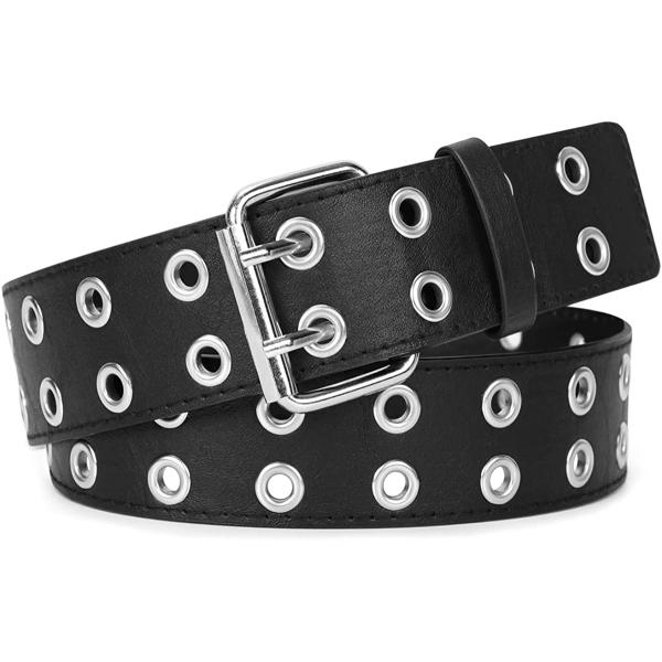 WERFORU Double Grommet Belt PU Leather Punk Belt for Women Men Jeans 2 Hole Belts 1.5 Wide